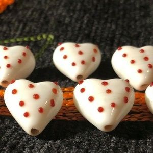 Lampwork Glass Heart shaped White/red dots Set of 11 .5" wide